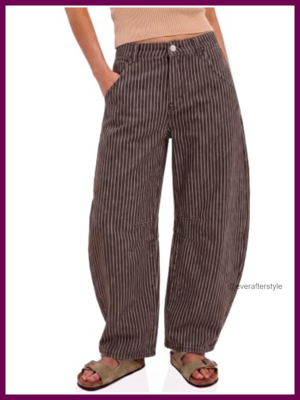 Striped Barrel Jeans High Waisted Wide Leg Roll Up Hem Loose Fit Denim Pants